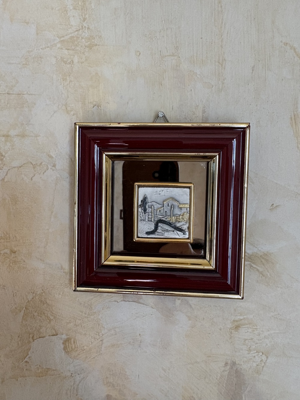 Art sterling silver .925  framed picture 5x5 inches wood frame. Made in Italy